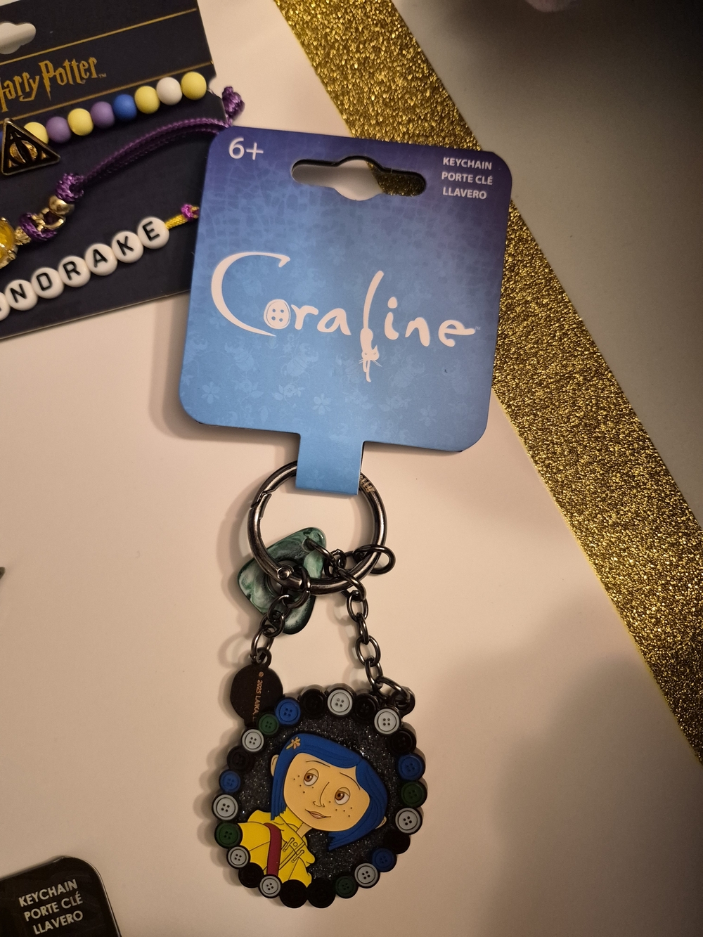 Coraline Button Frame Keychain - Blue & Yellow